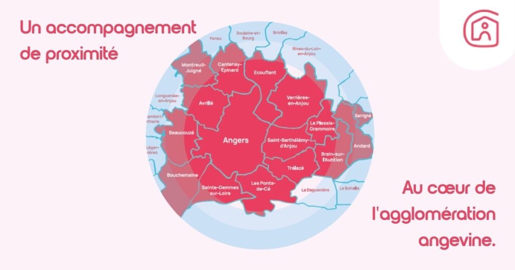 Carte des zones d’intervention de l’agence d’aide à domicile aînéa à Angers et dans l’agglomération angevine